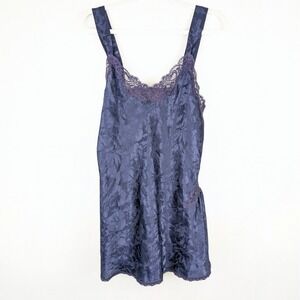 Vtg Victorian Lace Navy Blue Floral Damask Lace Dress Sleepwear S Y2K Babydoll